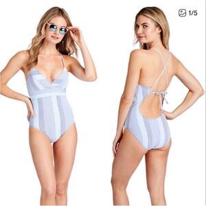 Vineyard Vines Seersucker Sconset One Piece Swimsuit Blue White Stripe medium M